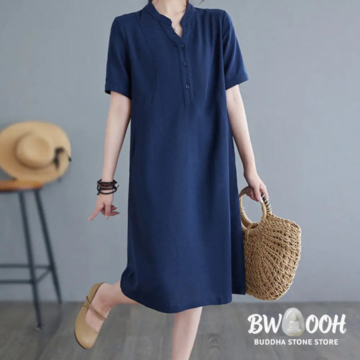 Buddha Stones Casual Daily Pure Color Button Design Short Sleeve Cotton Linen Midi Dress With Pockets - Cheongsam