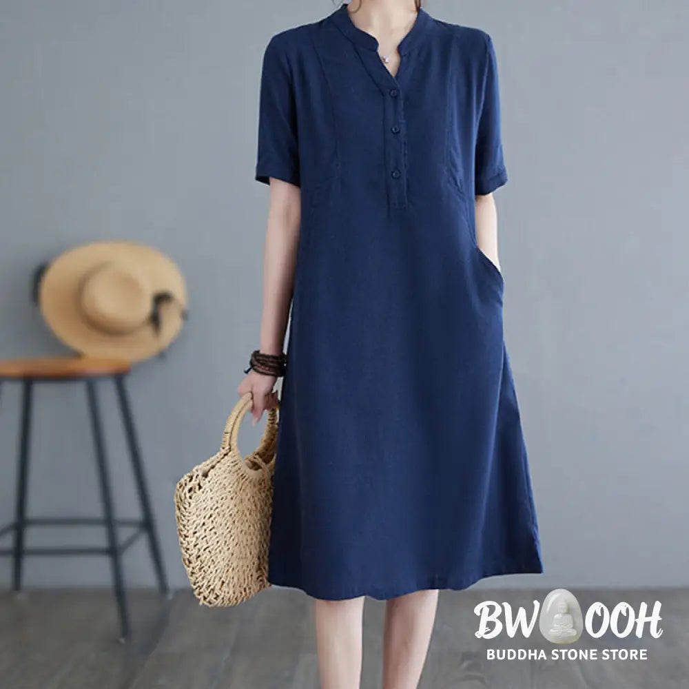 Buddha Stones Casual Daily Pure Color Button Design Short Sleeve Cotton Linen Midi Dress With Pockets - Cheongsam