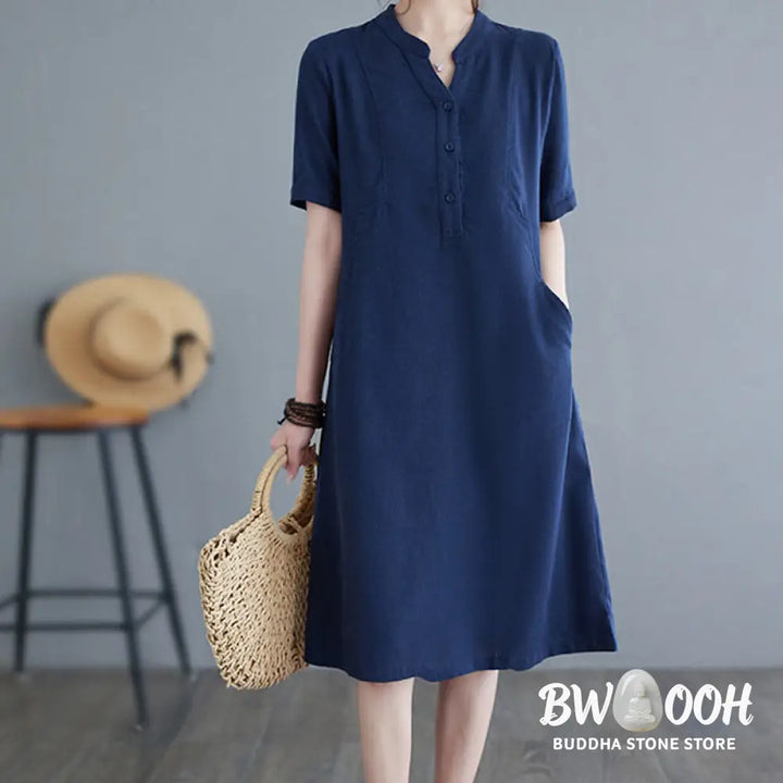Buddha Stones Casual Daily Pure Color Button Design Short Sleeve Cotton Linen Midi Dress With Pockets - Cheongsam