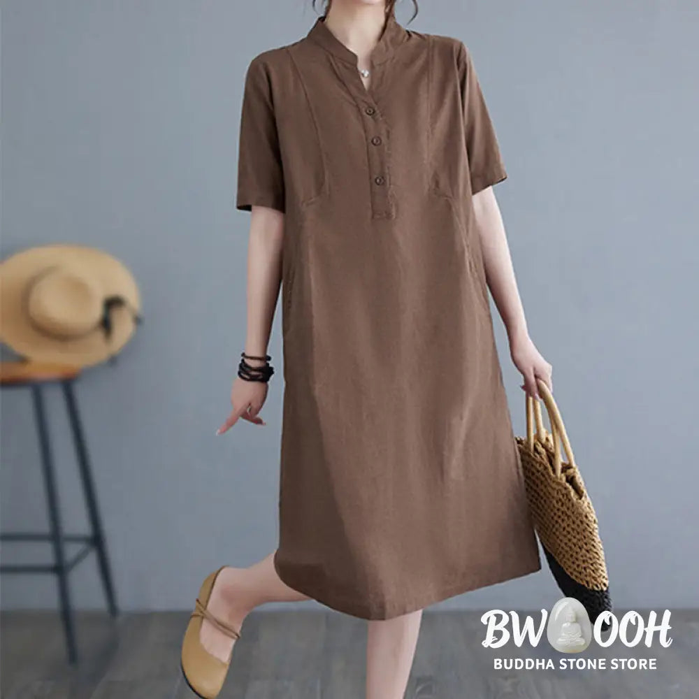 Buddha Stones Casual Daily Pure Color Button Design Short Sleeve Cotton Linen Midi Dress With Pockets - Cheongsam