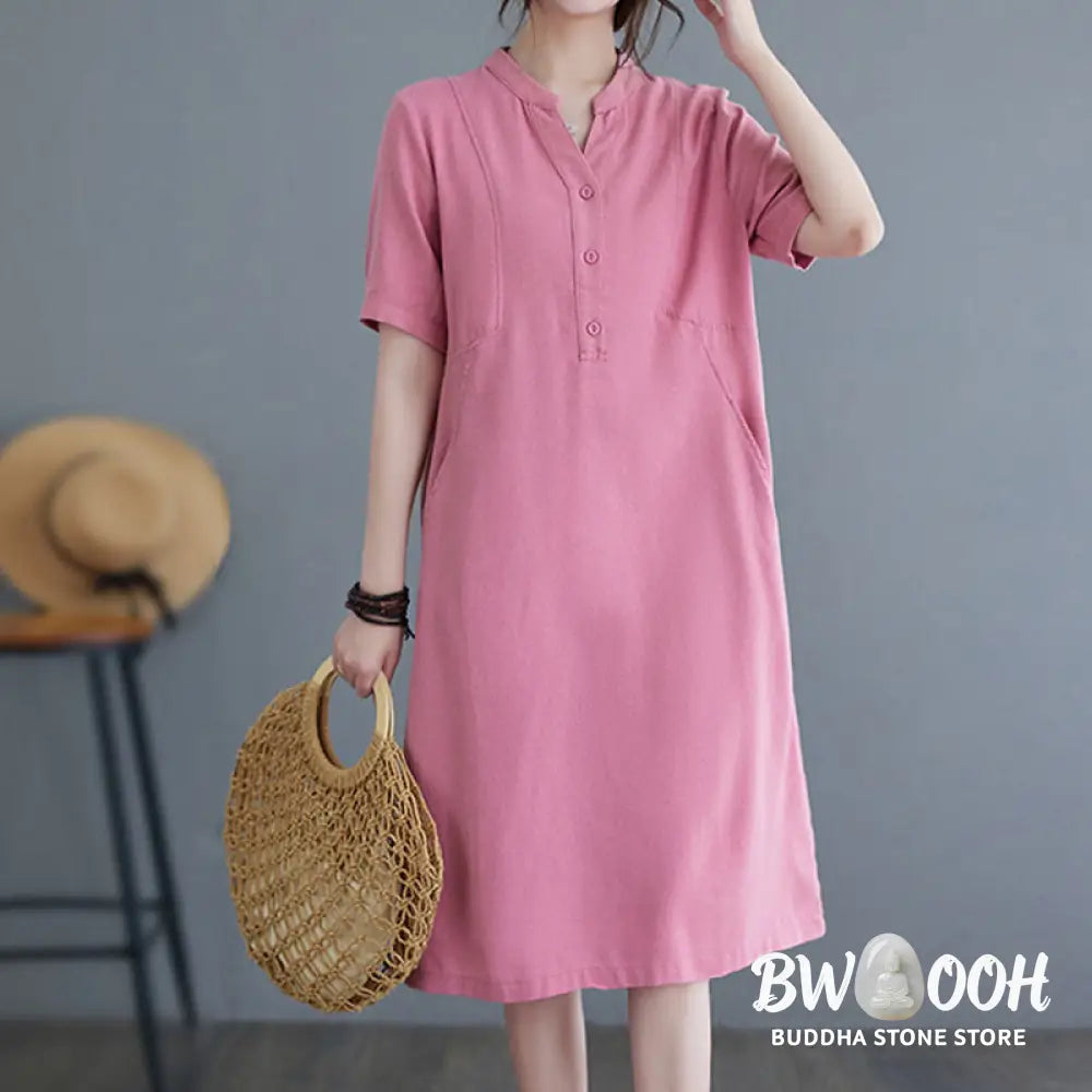 Buddha Stones Casual Daily Pure Color Button Design Short Sleeve Cotton Linen Midi Dress With Pockets - Cheongsam
