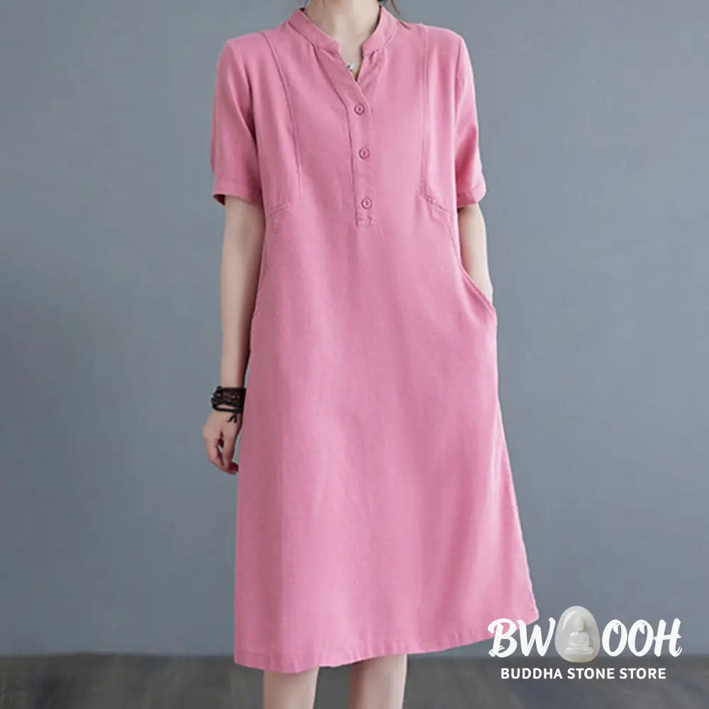 Buddha Stones Casual Daily Pure Color Button Design Short Sleeve Cotton Linen Midi Dress With Pockets - Cheongsam