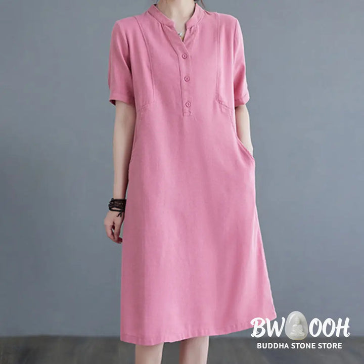 Buddha Stones Casual Daily Pure Color Button Design Short Sleeve Cotton Linen Midi Dress With Pockets - Cheongsam