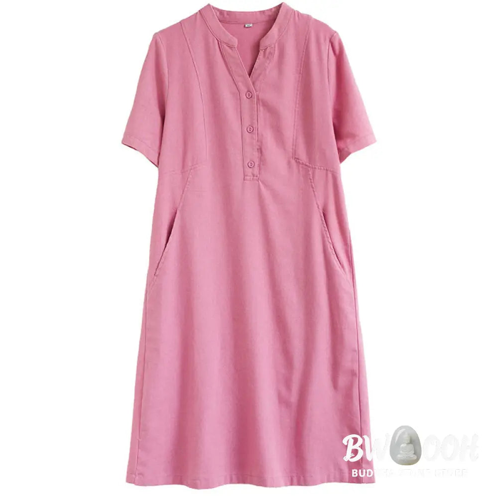 Buddha Stones Casual Daily Pure Color Button Design Short Sleeve Cotton Linen Midi Dress With Pockets - Cheongsam