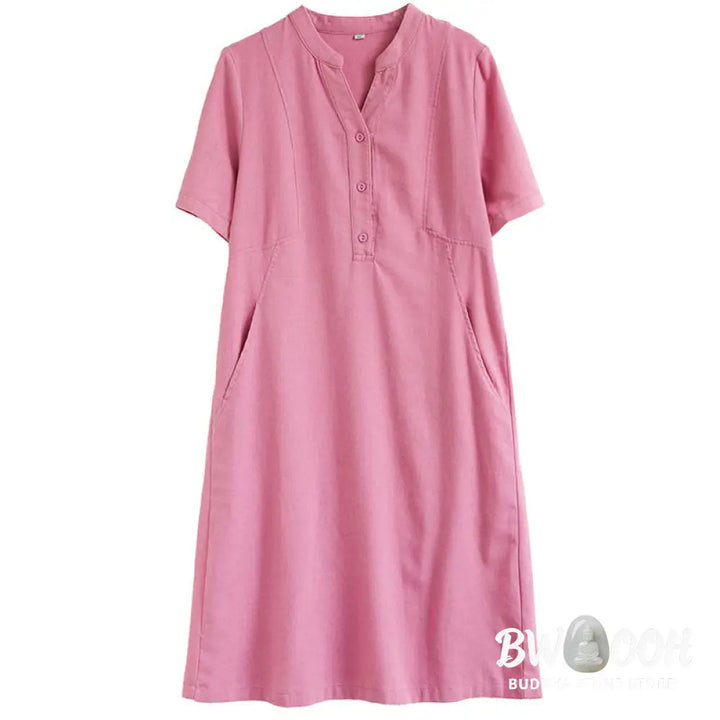 Buddha Stones Casual Daily Pure Color Button Design Short Sleeve Cotton Linen Midi Dress With Pockets - Cheongsam