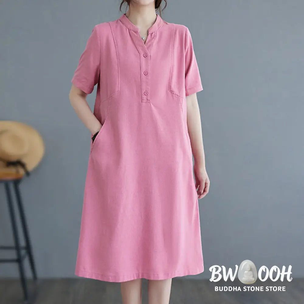 Buddha Stones Casual Daily Pure Color Button Design Short Sleeve Cotton Linen Midi Dress With Pockets - Cheongsam