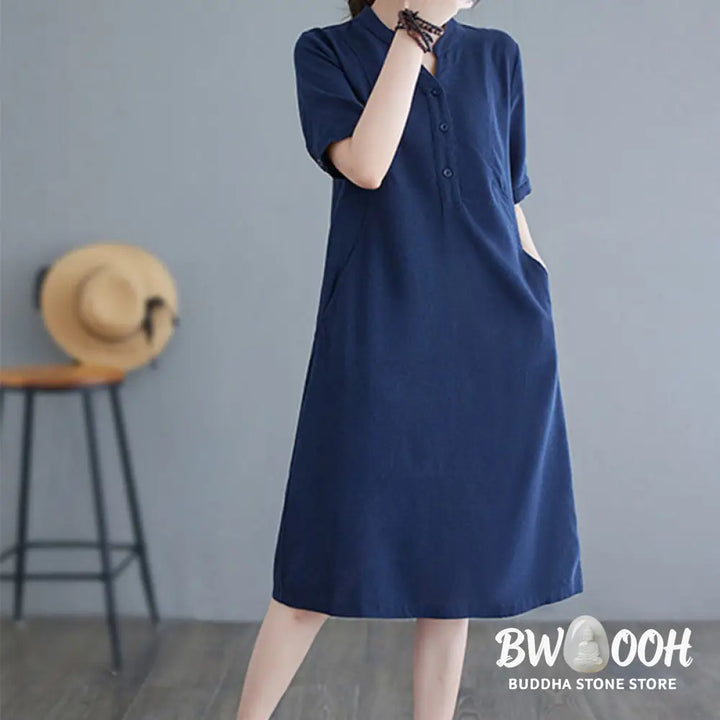 Buddha Stones Casual Daily Pure Color Button Design Short Sleeve Cotton Linen Midi Dress With Pockets - Cheongsam