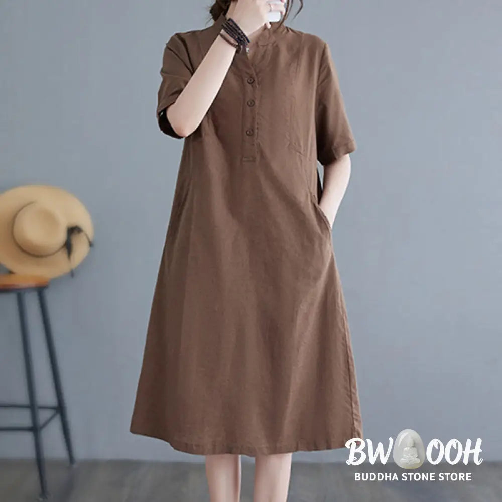 Buddha Stones Casual Daily Pure Color Button Design Short Sleeve Cotton Linen Midi Dress With Pockets - Cheongsam