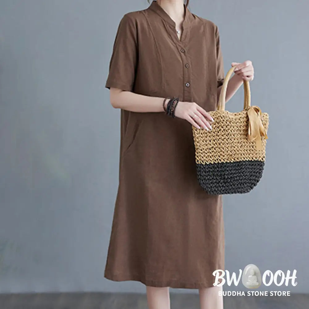 Buddha Stones Casual Daily Pure Color Button Design Short Sleeve Cotton Linen Midi Dress With Pockets - Cheongsam