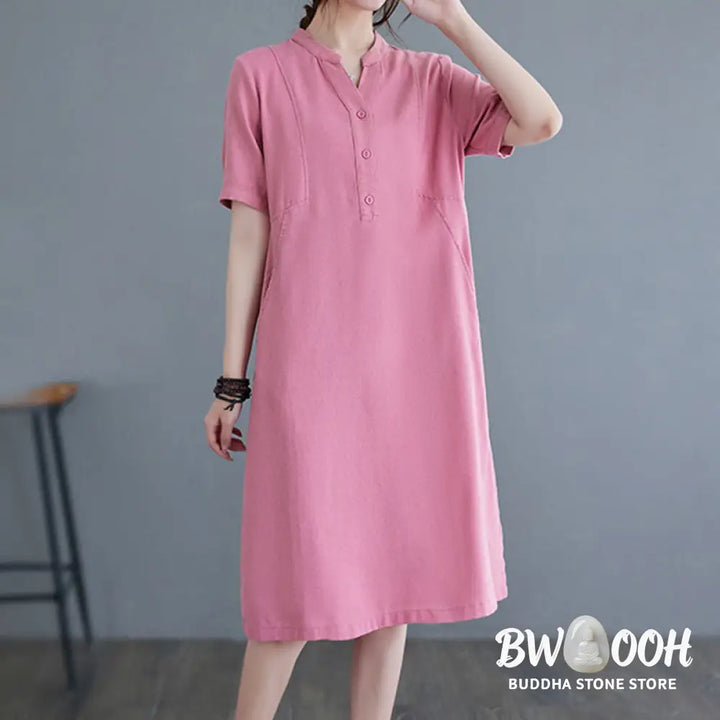 Buddha Stones Casual Daily Pure Color Button Design Short Sleeve Cotton Linen Midi Dress With Pockets - Cheongsam