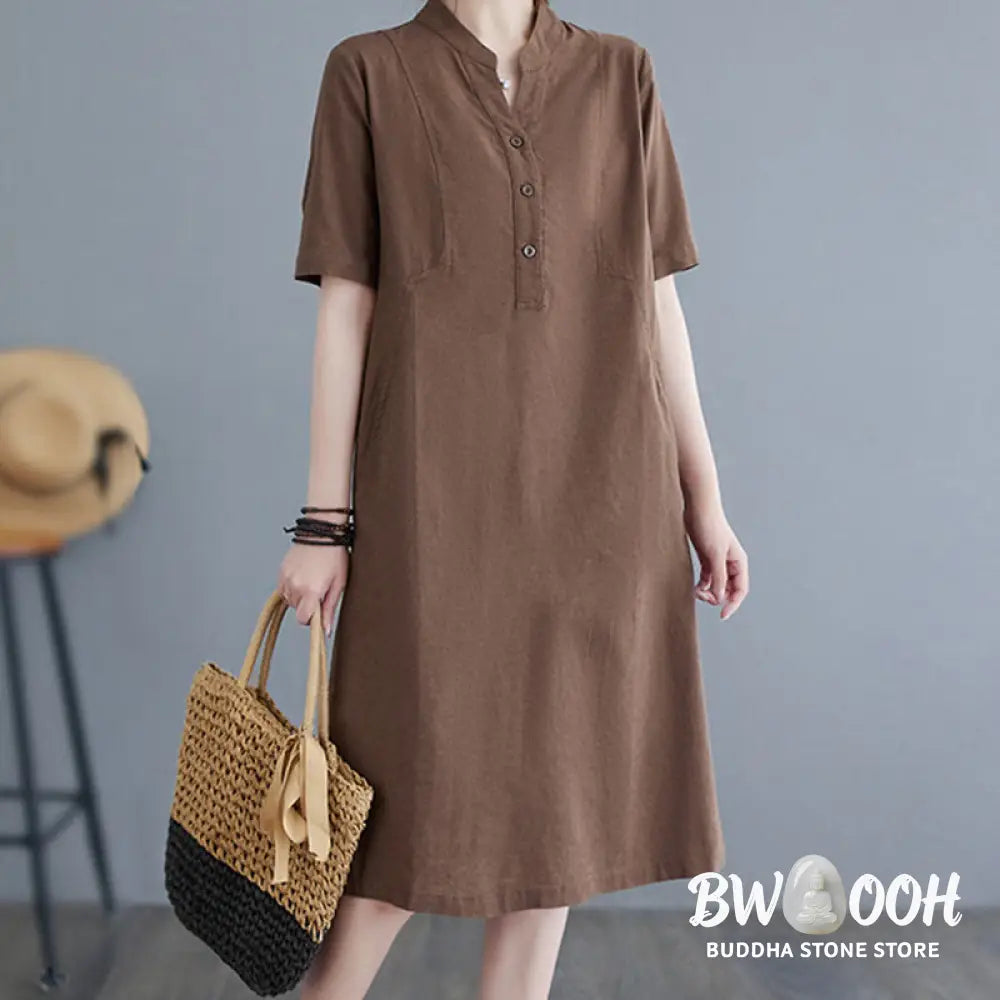 Buddha Stones Casual Daily Pure Color Button Design Short Sleeve Cotton Linen Midi Dress With Pockets - Cheongsam