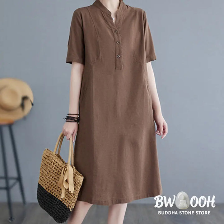 Buddha Stones Casual Daily Pure Color Button Design Short Sleeve Cotton Linen Midi Dress With Pockets - Cheongsam