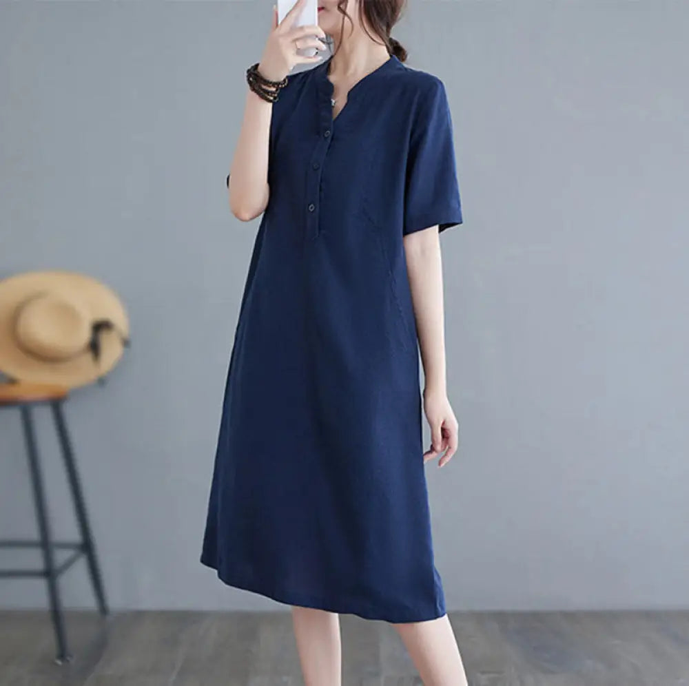 Buddha Stones Casual Daily Pure Color Button Design Short Sleeve Cotton Linen Midi Dress With Pockets - Navy