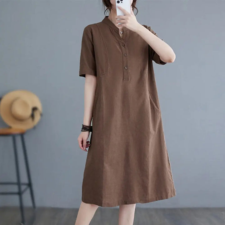 Buddha Stones Casual Daily Pure Color Button Design Short Sleeve Cotton Linen Midi Dress With Pockets - Sienna