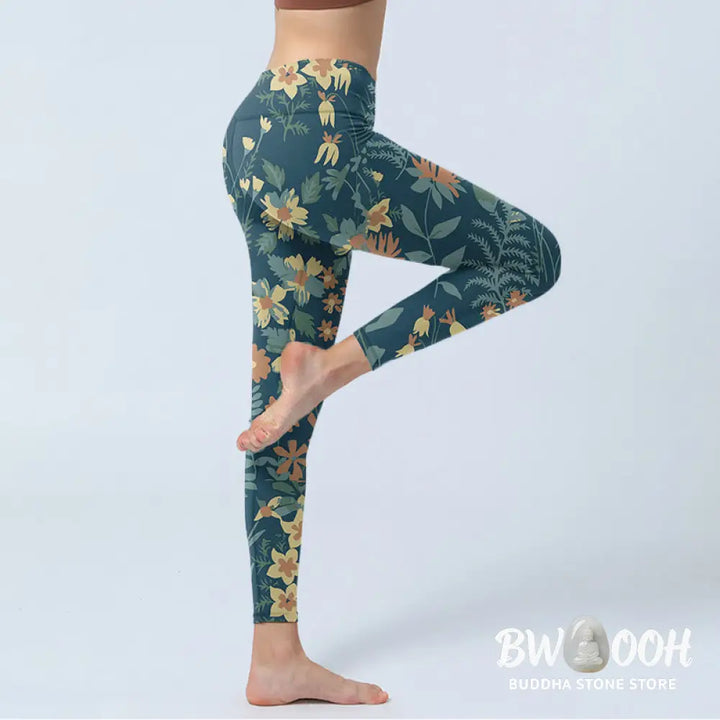 BWOOOH printed yoga leggings - Casual Daisy Flowers Leaves Print Gym Fi