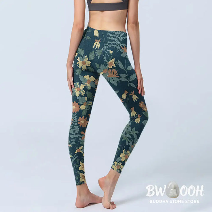 BWOOOH printed yoga leggings - Casual Daisy Flowers Leaves Print Gym Fi