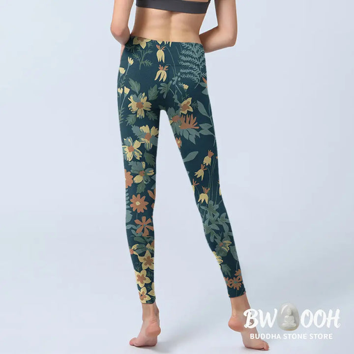 BWOOOH printed yoga leggings - Casual Daisy Flowers Leaves Print Gym Fi