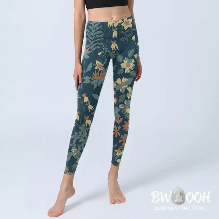 BWOOOH printed yoga leggings - Casual Daisy Flowers Leaves Print Gym Fi
