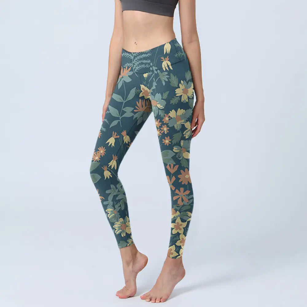 BWOOOH printed yoga leggings - Casual Daisy Flowers Leaves Print Gym Fi
