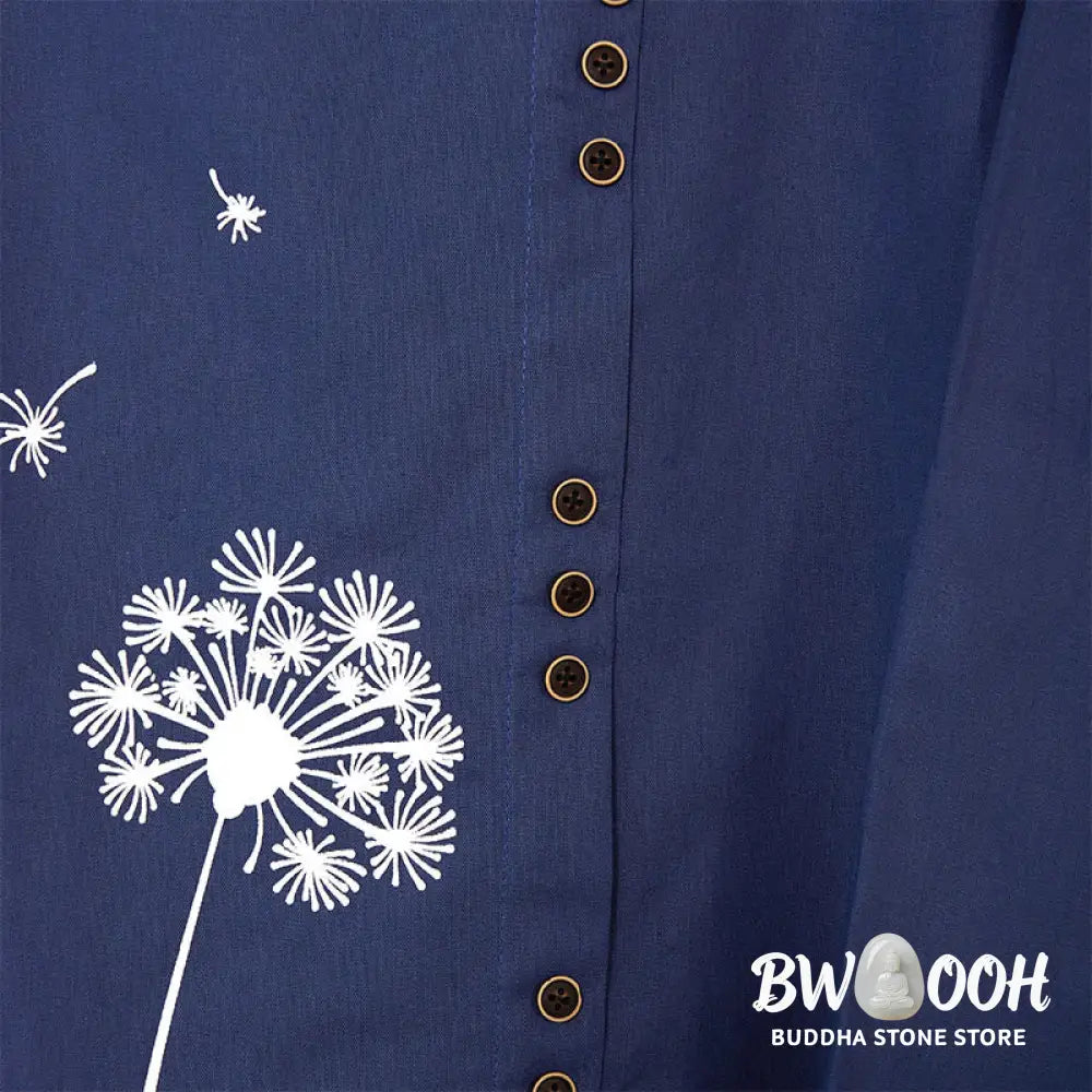 Buddha Stones Casual Dandelion Long Sleeve Round Neck Shirt Cotton Linen Women’s Shirts - Women’s Shirts