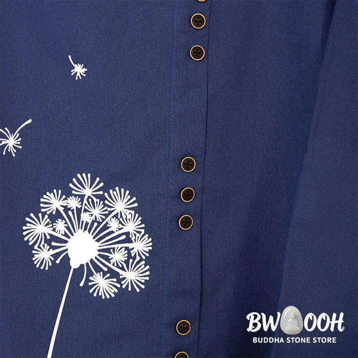 Buddha Stones Casual Dandelion Long Sleeve Round Neck Shirt Cotton Linen Women’s Shirts - Women’s Shirts