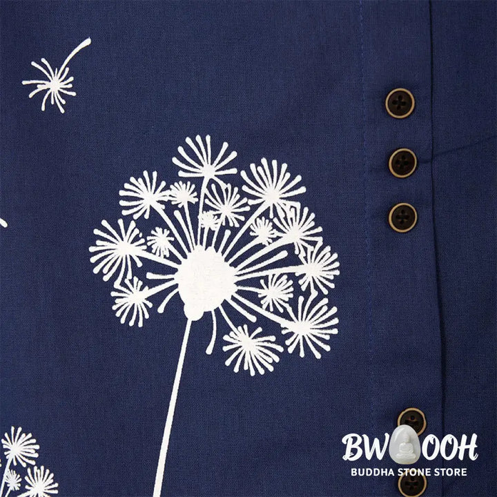 Buddha Stones Casual Dandelion Long Sleeve Round Neck Shirt Cotton Linen Women’s Shirts - Women’s Shirts