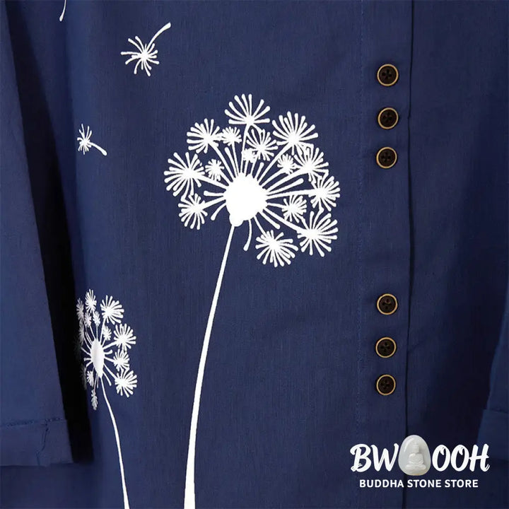 Buddha Stones Casual Dandelion Long Sleeve Round Neck Shirt Cotton Linen Women’s Shirts - Women’s Shirts