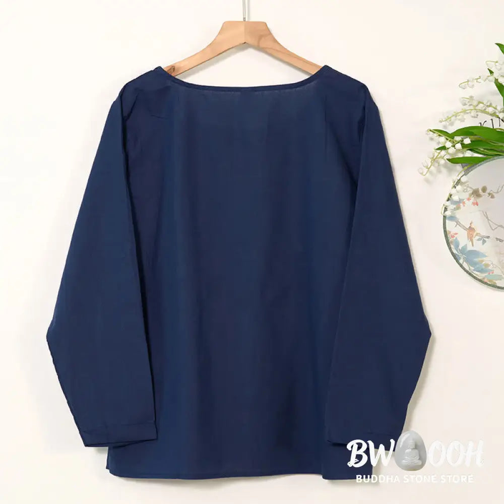 Buddha Stones Casual Dandelion Long Sleeve Round Neck Shirt Cotton Linen Women’s Shirts - Women’s Shirts