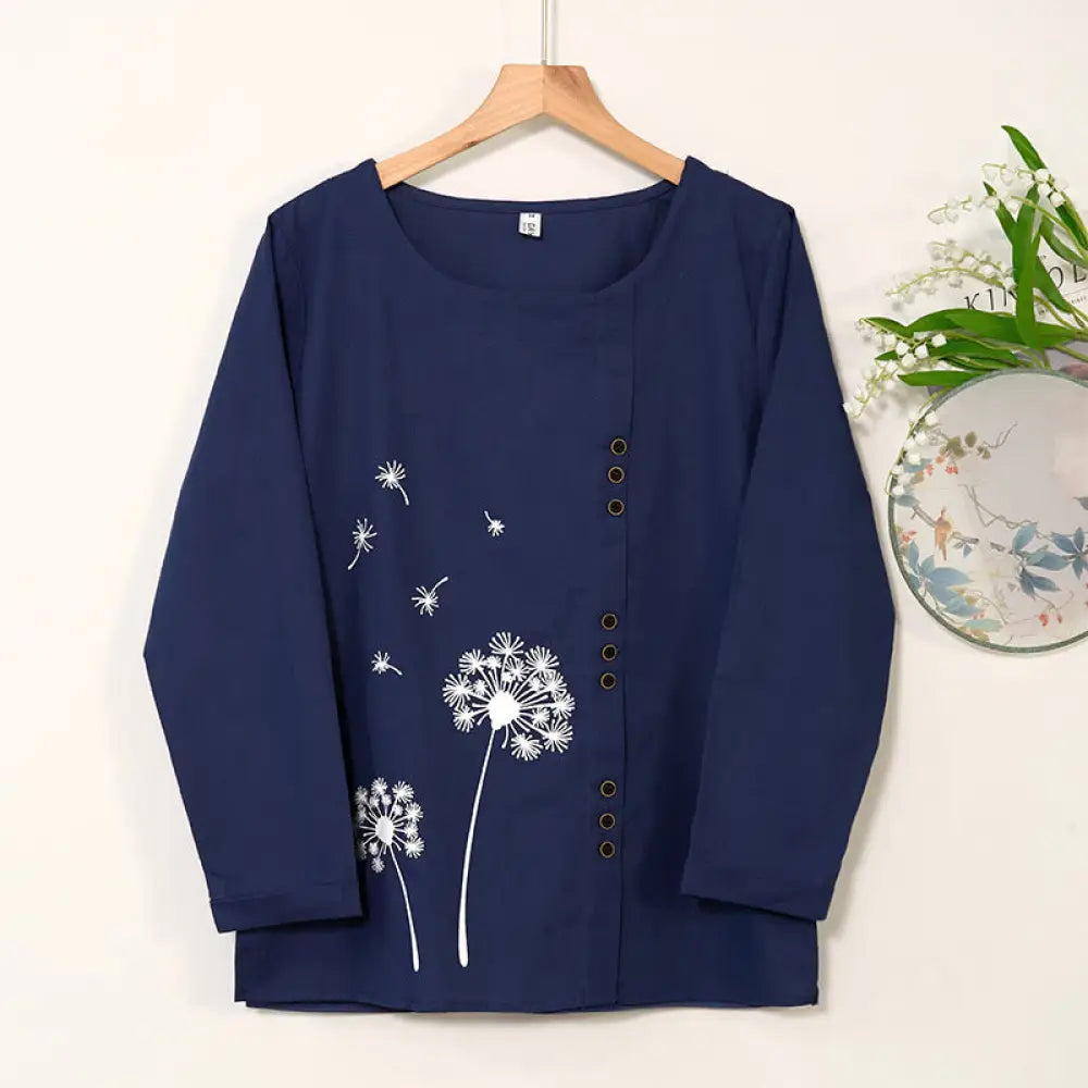 BWOOOH Casual Dandelion Long Sleeve Round Neck Shirt Cott
