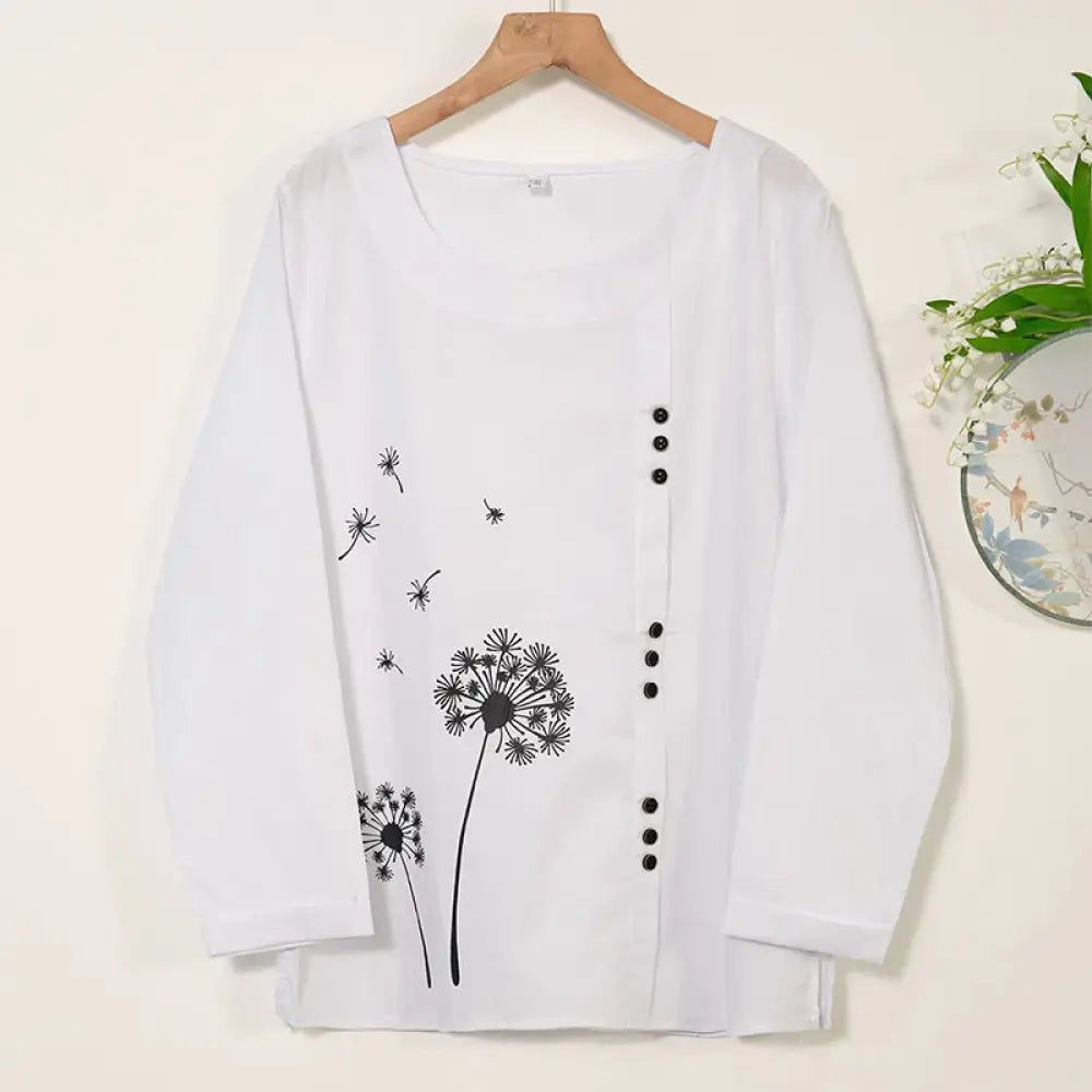 Buddha Stones Casual Dandelion Long Sleeve Round Neck Shirt Cotton Linen Women’s Shirts - White / US/UK/AU36，EU46 (L)