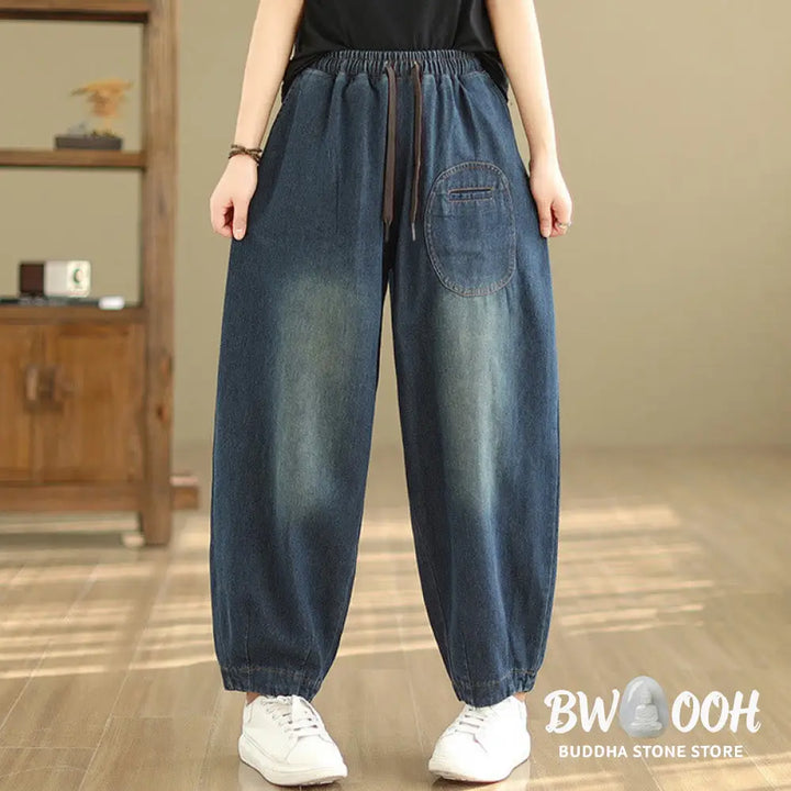Buddha Stones Casual DarkSlateBlue Plain Drawstring Cotton Women’s Harem Pants With Pockets - Women’s Harem Pants