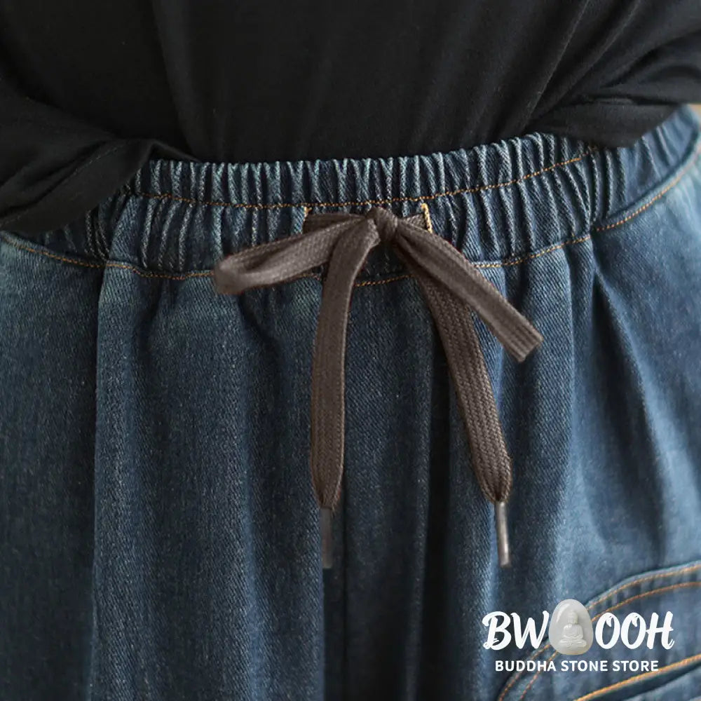 Buddha Stones Casual DarkSlateBlue Plain Drawstring Cotton Women’s Harem Pants With Pockets - Women’s Harem Pants