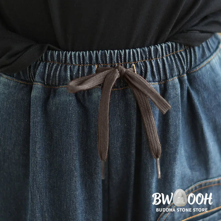 Buddha Stones Casual DarkSlateBlue Plain Drawstring Cotton Women’s Harem Pants With Pockets - Women’s Harem Pants