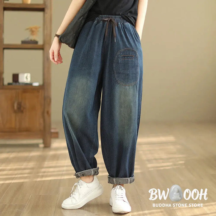 Buddha Stones Casual DarkSlateBlue Plain Drawstring Cotton Women’s Harem Pants With Pockets - Women’s Harem Pants