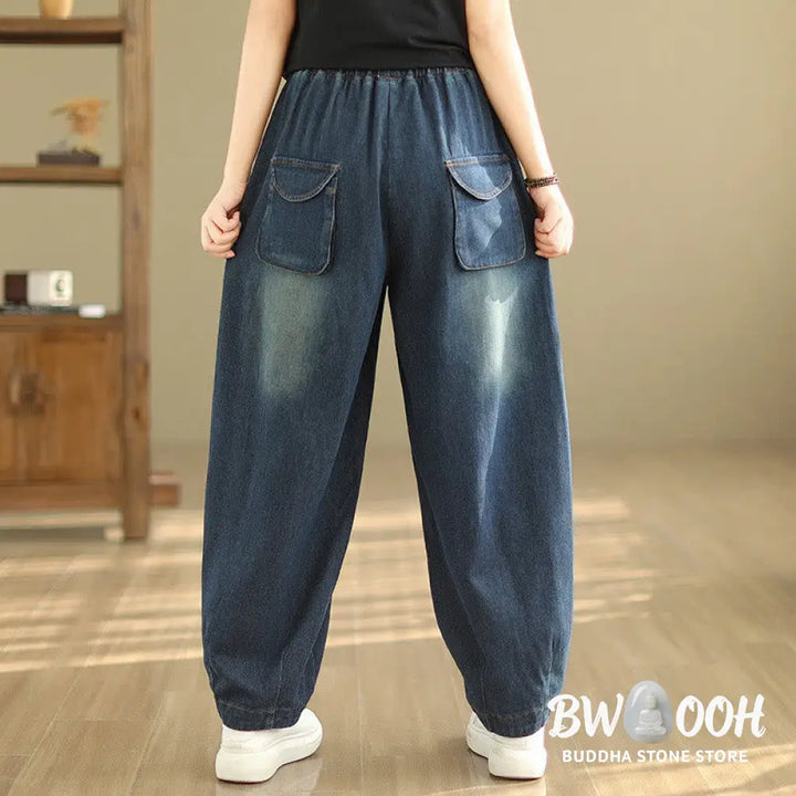 Buddha Stones Casual DarkSlateBlue Plain Drawstring Cotton Women’s Harem Pants With Pockets - Women’s Harem Pants