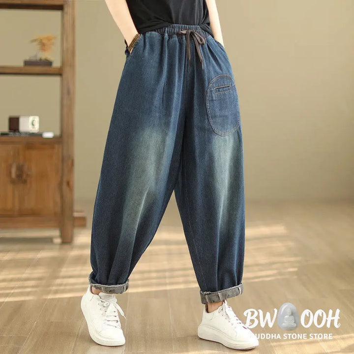 Buddha Stones Casual DarkSlateBlue Plain Drawstring Cotton Women’s Harem Pants With Pockets - Women’s Harem Pants