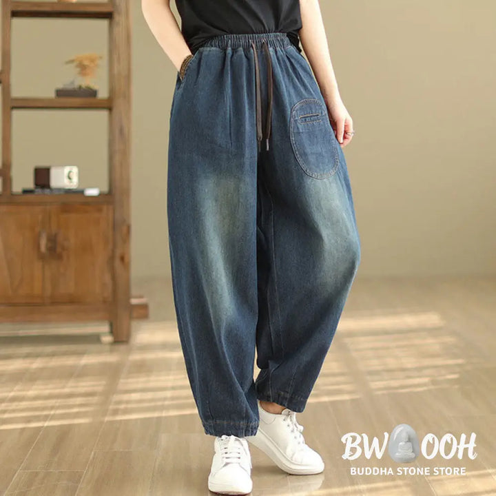 Buddha Stones Casual DarkSlateBlue Plain Drawstring Cotton Women’s Harem Pants With Pockets - Women’s Harem Pants