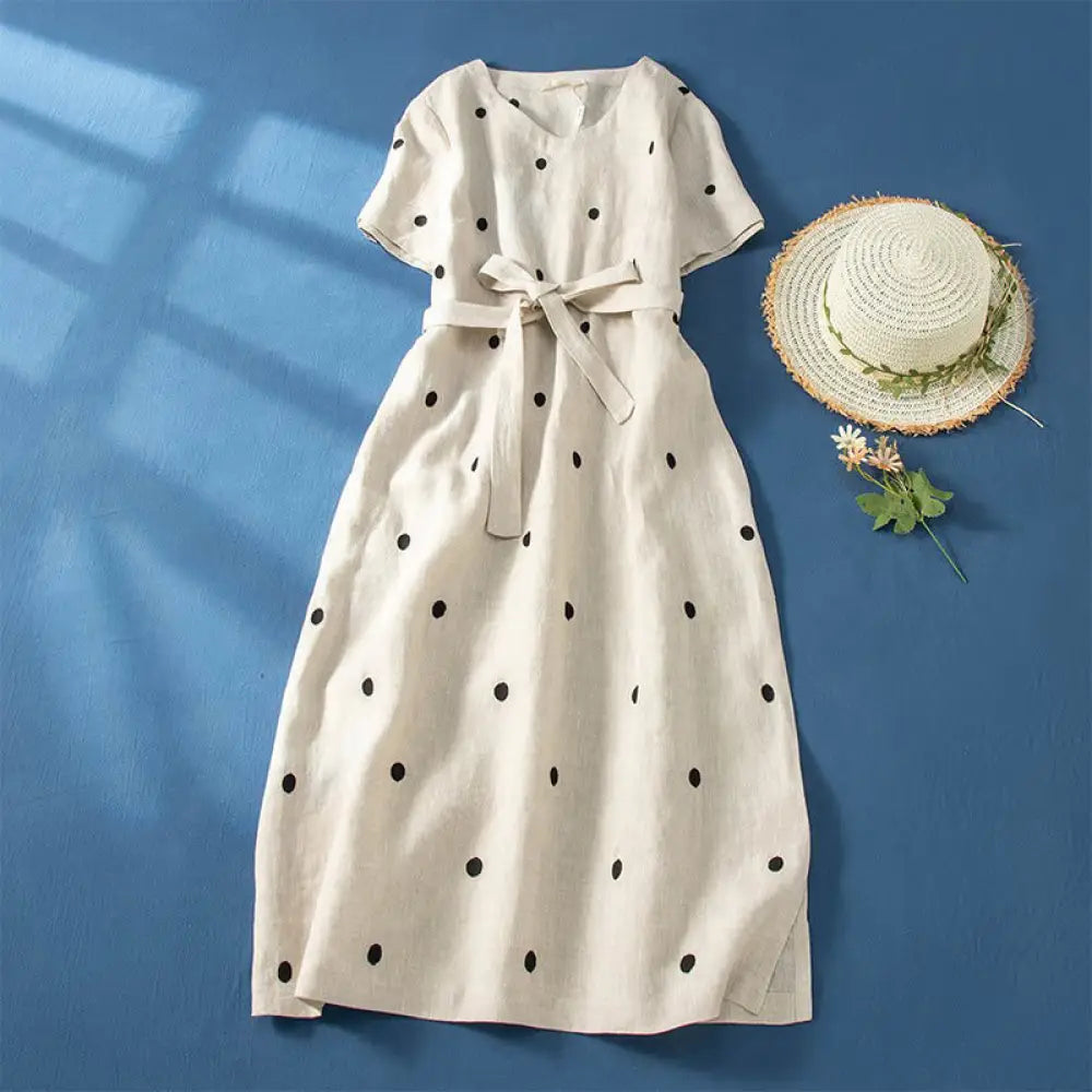 Buddha Stones Casual Dot Pattern Short Sleeve Lace-up Cotton Linen Women’s Midi Dress With Pockets - Beige