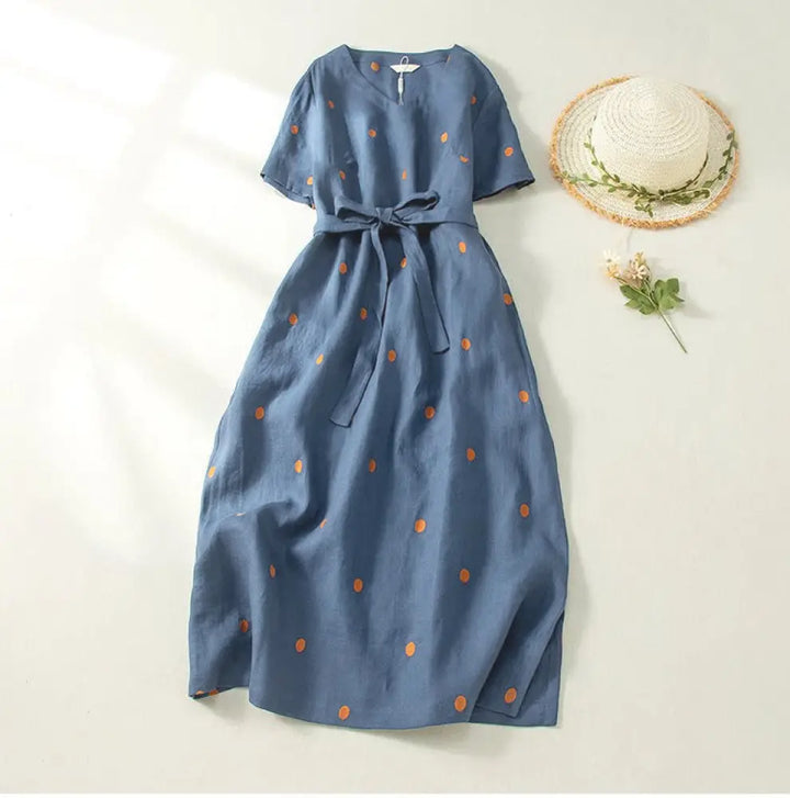 BWOOOH Casual Dot Pattern Short Sleeve Lace-up Cotton Lin