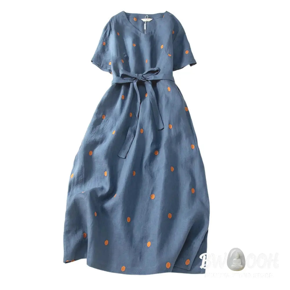 Buddha Stones Casual Dot Pattern Short Sleeve Lace-up Cotton Linen Women’s Midi Dress With Pockets - Maxi Dress