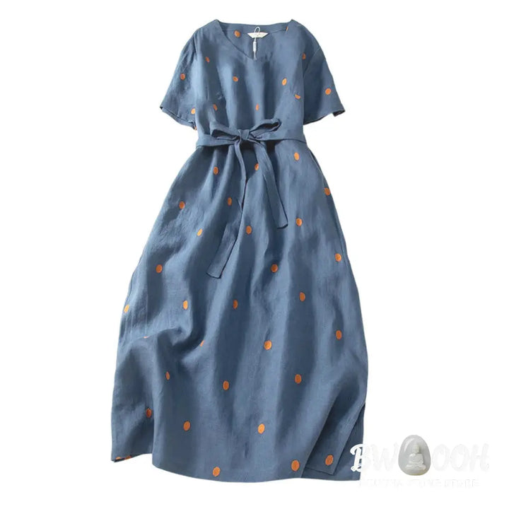 Buddha Stones Casual Dot Pattern Short Sleeve Lace-up Cotton Linen Women’s Midi Dress With Pockets - Maxi Dress