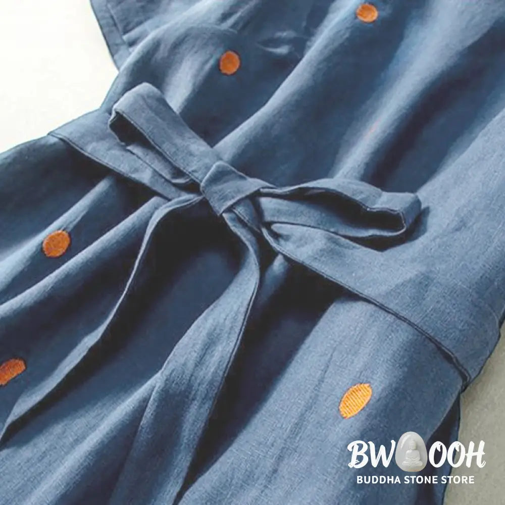 Buddha Stones Casual Dot Pattern Short Sleeve Lace-up Cotton Linen Women’s Midi Dress With Pockets - Maxi Dress