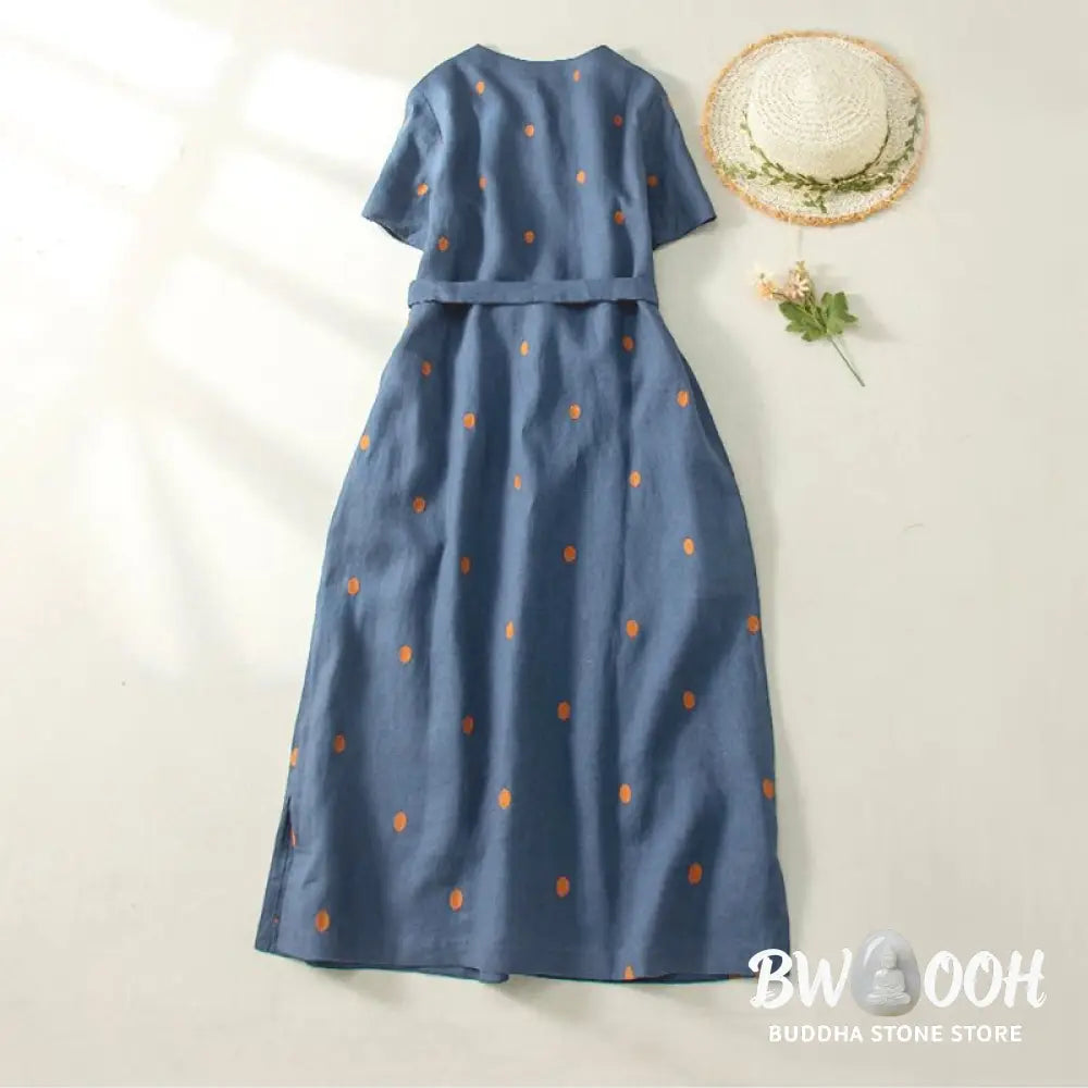 Buddha Stones Casual Dot Pattern Short Sleeve Lace-up Cotton Linen Women’s Midi Dress With Pockets - Maxi Dress