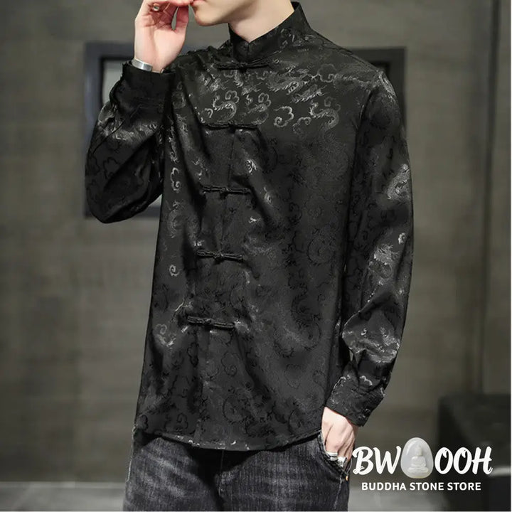 Buddha Stones Casual Dragon Pattern Frog-button Tang Suit Linen Men’s Jacket Shirt - Men’s Jacket Shirt