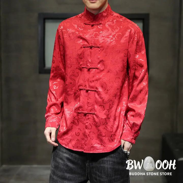 Buddha Stones Casual Dragon Pattern Frog-button Tang Suit Linen Men’s Jacket Shirt - Men’s Jacket Shirt