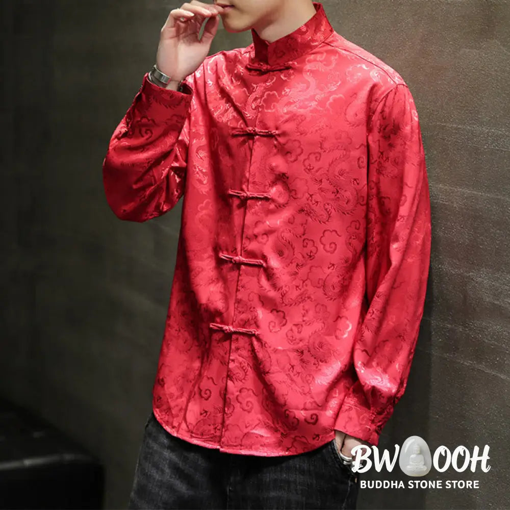 Buddha Stones Casual Dragon Pattern Frog-button Tang Suit Linen Men’s Jacket Shirt - Men’s Jacket Shirt