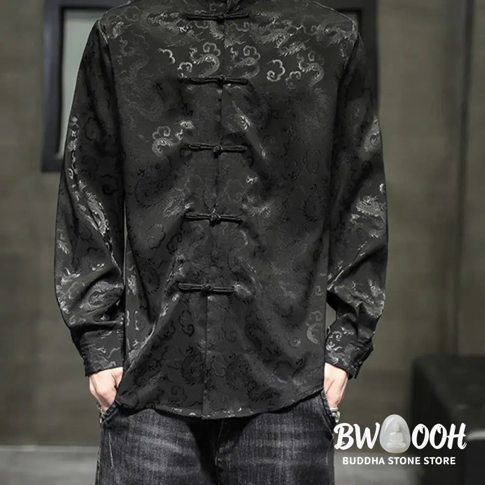 Buddha Stones Casual Dragon Pattern Frog-button Tang Suit Linen Men’s Jacket Shirt - Men’s Jacket Shirt
