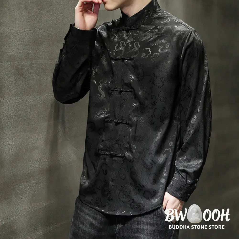 Buddha Stones Casual Dragon Pattern Frog-button Tang Suit Linen Men’s Jacket Shirt - Men’s Jacket Shirt