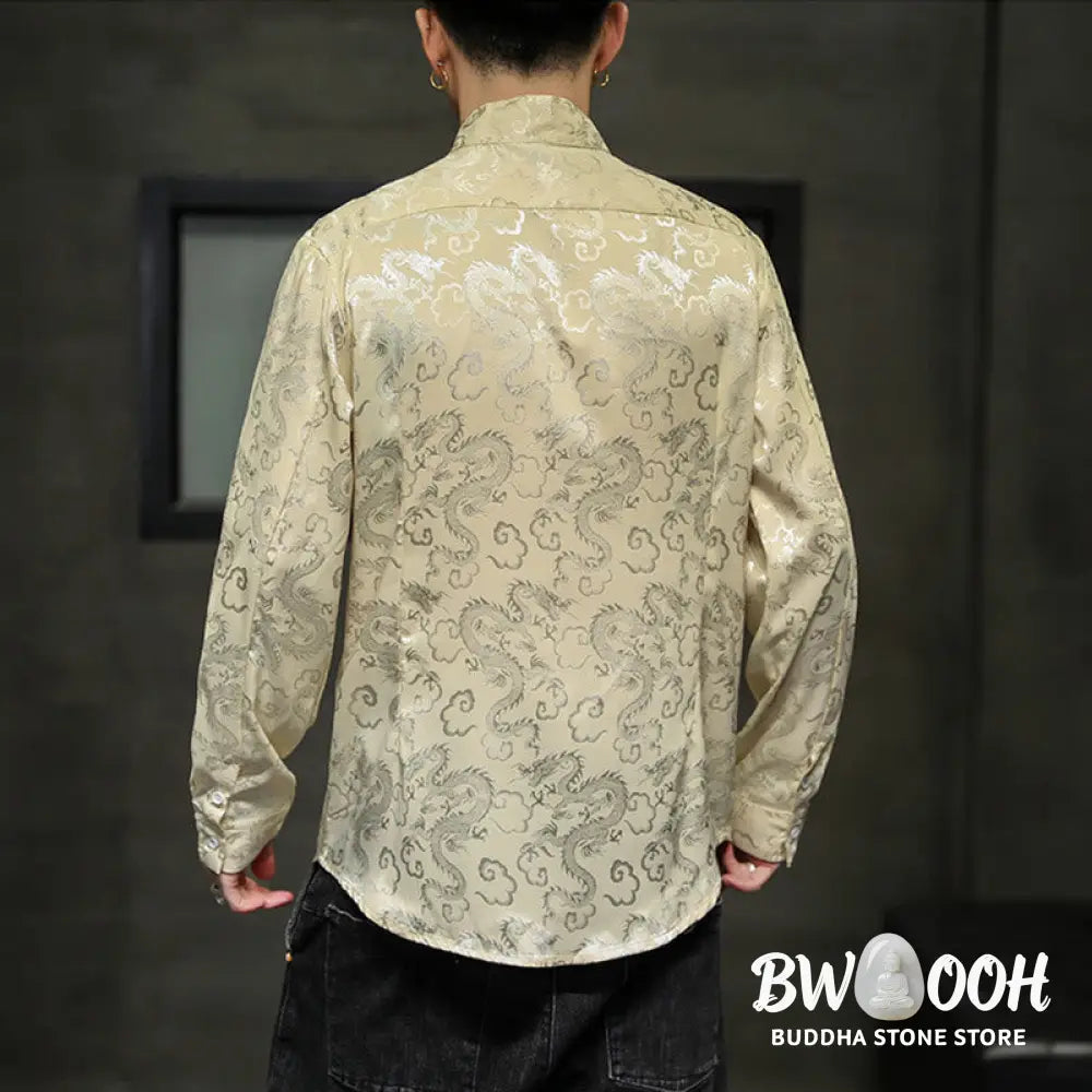 Buddha Stones Casual Dragon Pattern Frog-button Tang Suit Linen Men’s Jacket Shirt - Men’s Jacket Shirt