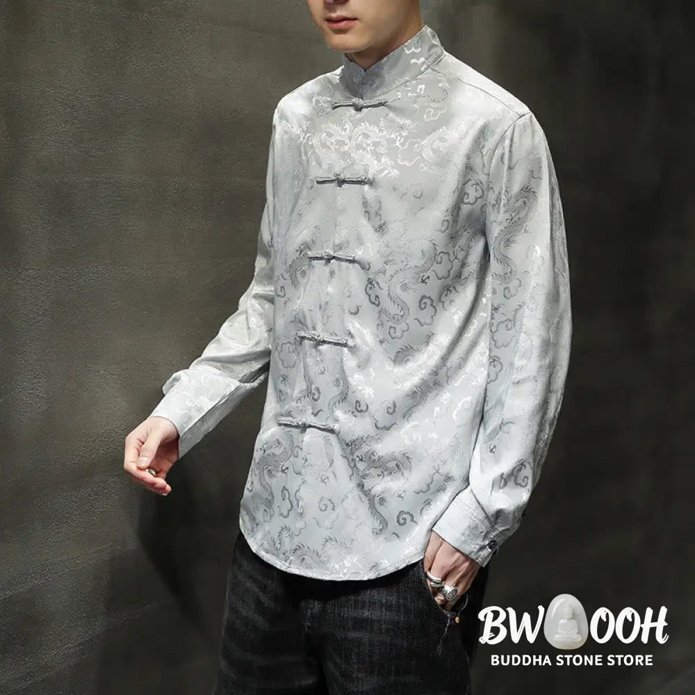 Buddha Stones Casual Dragon Pattern Frog-button Tang Suit Linen Men’s Jacket Shirt - Men’s Jacket Shirt